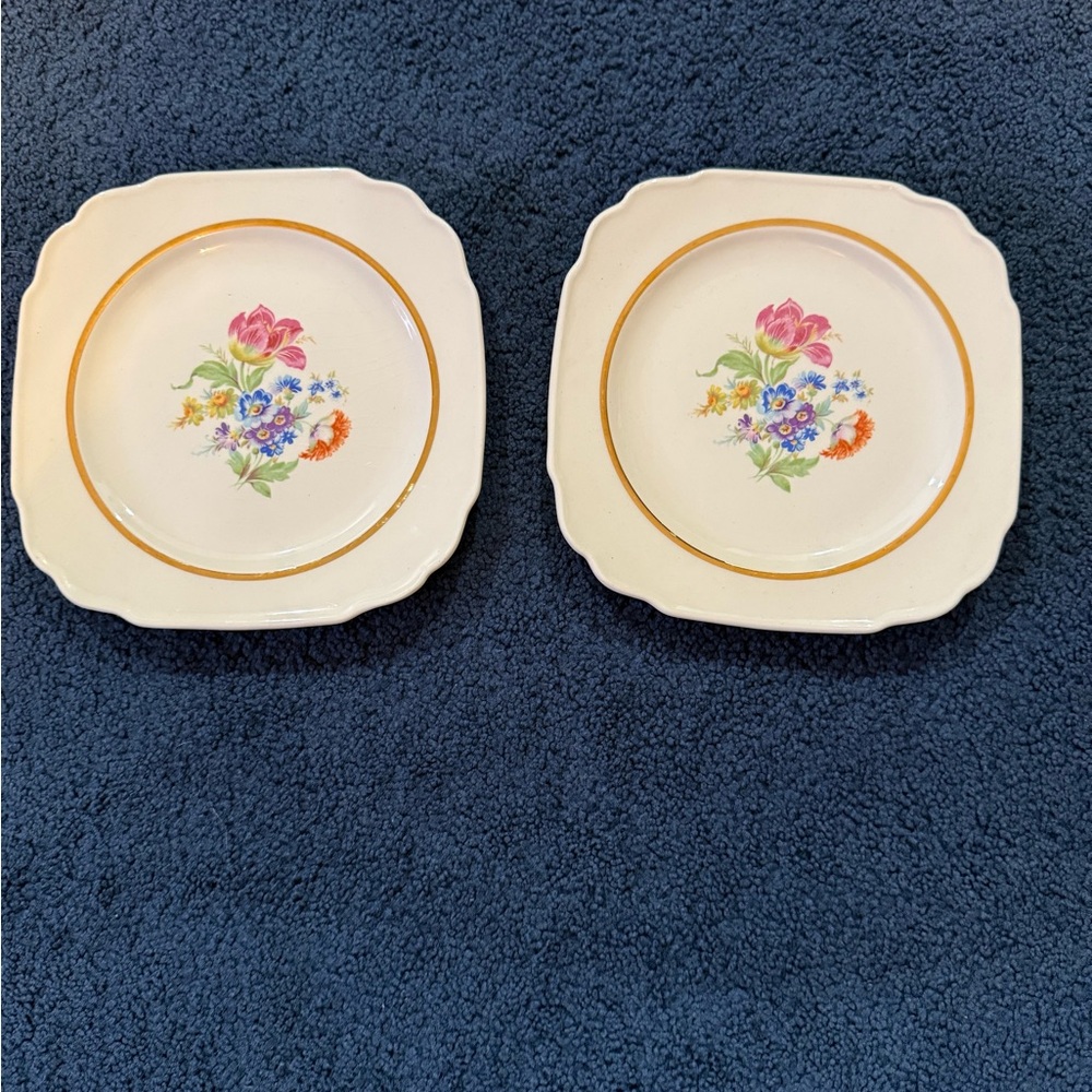 Vintage Harker Floral Ivory Gold Square Bread Plates - Early American